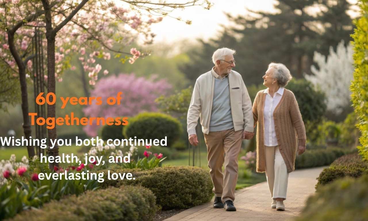Elegant diamond anniversary celebration with a happy elderly couple, golden decorations, flowers, and the text 60th Anniversary Wishes Filled with Love and Joy.