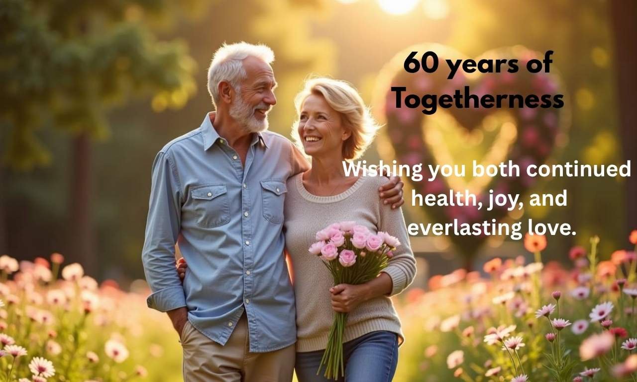 Elegant diamond anniversary celebration with a happy elderly couple, golden decorations, flowers, and the text 60th Anniversary Wishes Filled with Love and Joy.