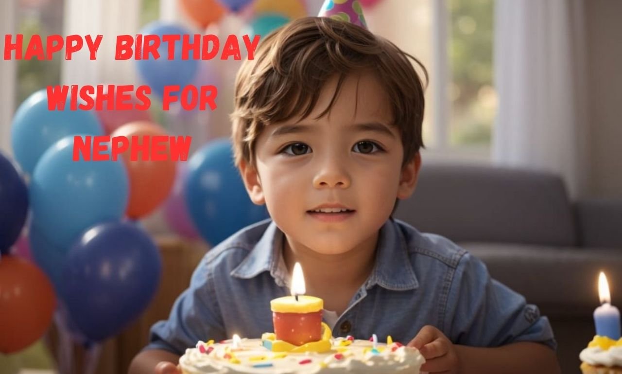 Happy birthday wishes for nephew with love featuring a joyful birthday celebration with a smiling nephew, colorful balloons, birthday cake, gifts, and heartfelt messages, blessings, and prayers for a special day.