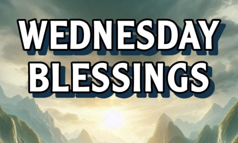 Happy Wednesday Blessings, Quotes & Prayers to Inspire You with a peaceful sunrise, flowers, open Bible, coffee cup, and inspiring faith-filled morning message.