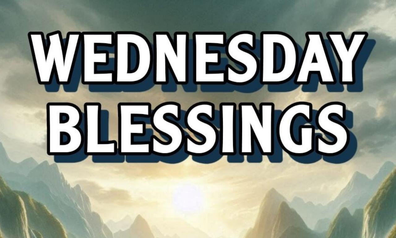Happy Wednesday Blessings, Quotes & Prayers to Inspire You with a peaceful sunrise, flowers, open Bible, coffee cup, and inspiring faith-filled morning message.