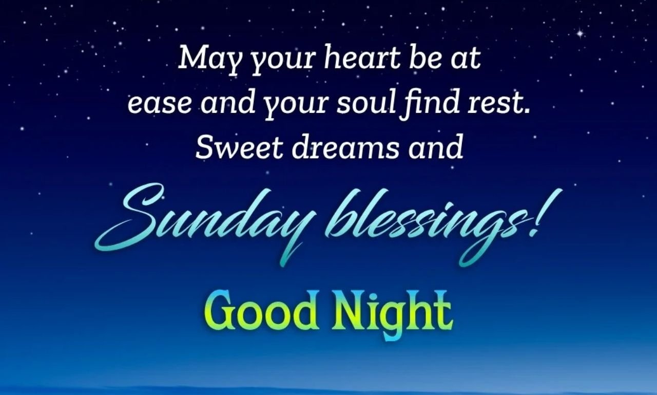 Sweet Sunday Good Night Wishes to Share with Love featuring a peaceful sunset, glowing stars, heartfelt prayers, faith-filled blessings, and inspirational good night quotes for family and friends.