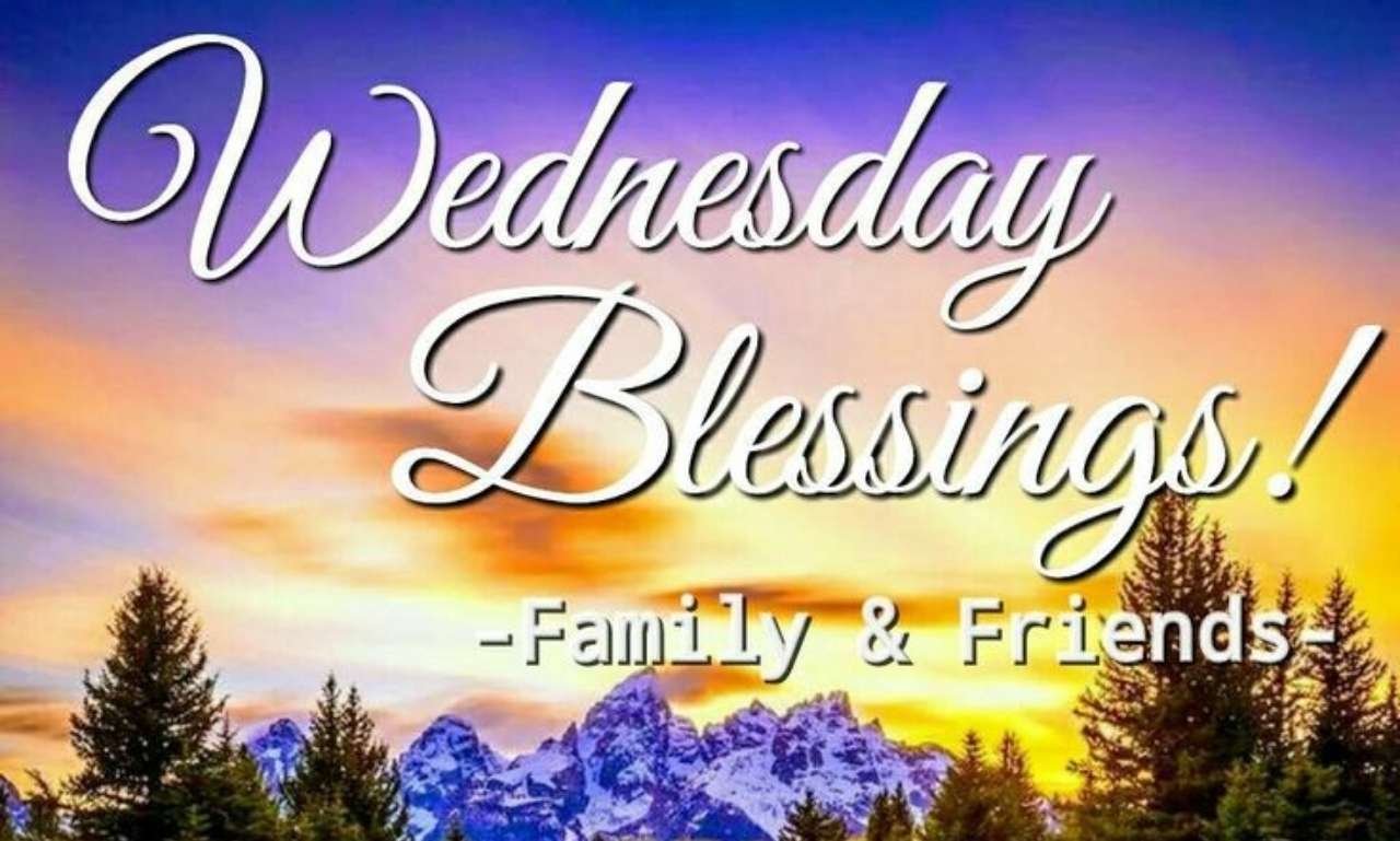 Happy Wednesday Blessings, Quotes & Prayers to Inspire You with a peaceful sunrise, flowers, open Bible, coffee cup, and inspiring faith-filled morning message.