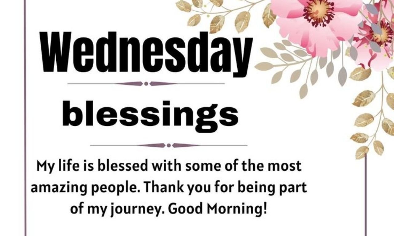 Happy Wednesday Blessings, Quotes & Prayers to Inspire You with a peaceful sunrise, flowers, open Bible, coffee cup, and inspiring faith-filled morning message.