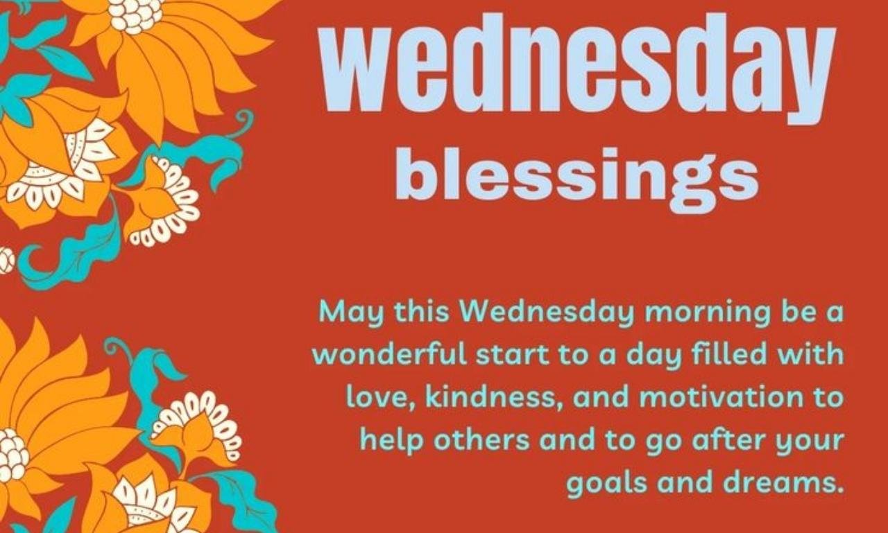 Happy Wednesday Blessings, Quotes & Prayers to Inspire You with a peaceful sunrise, flowers, open Bible, coffee cup, and inspiring faith-filled morning message.