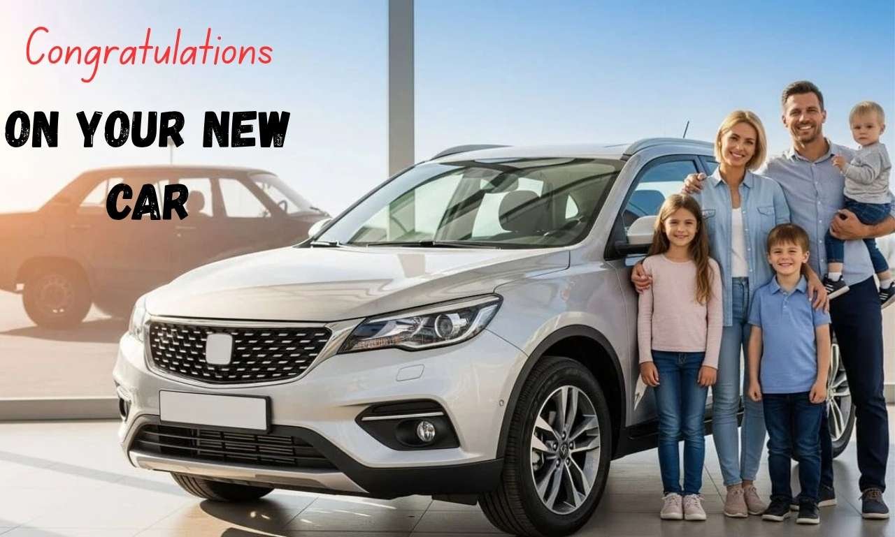 Congratulations on Your New Car Wishes & Messages with a smiling driver standing beside a brand-new car, celebrating a special milestone with joy and success.