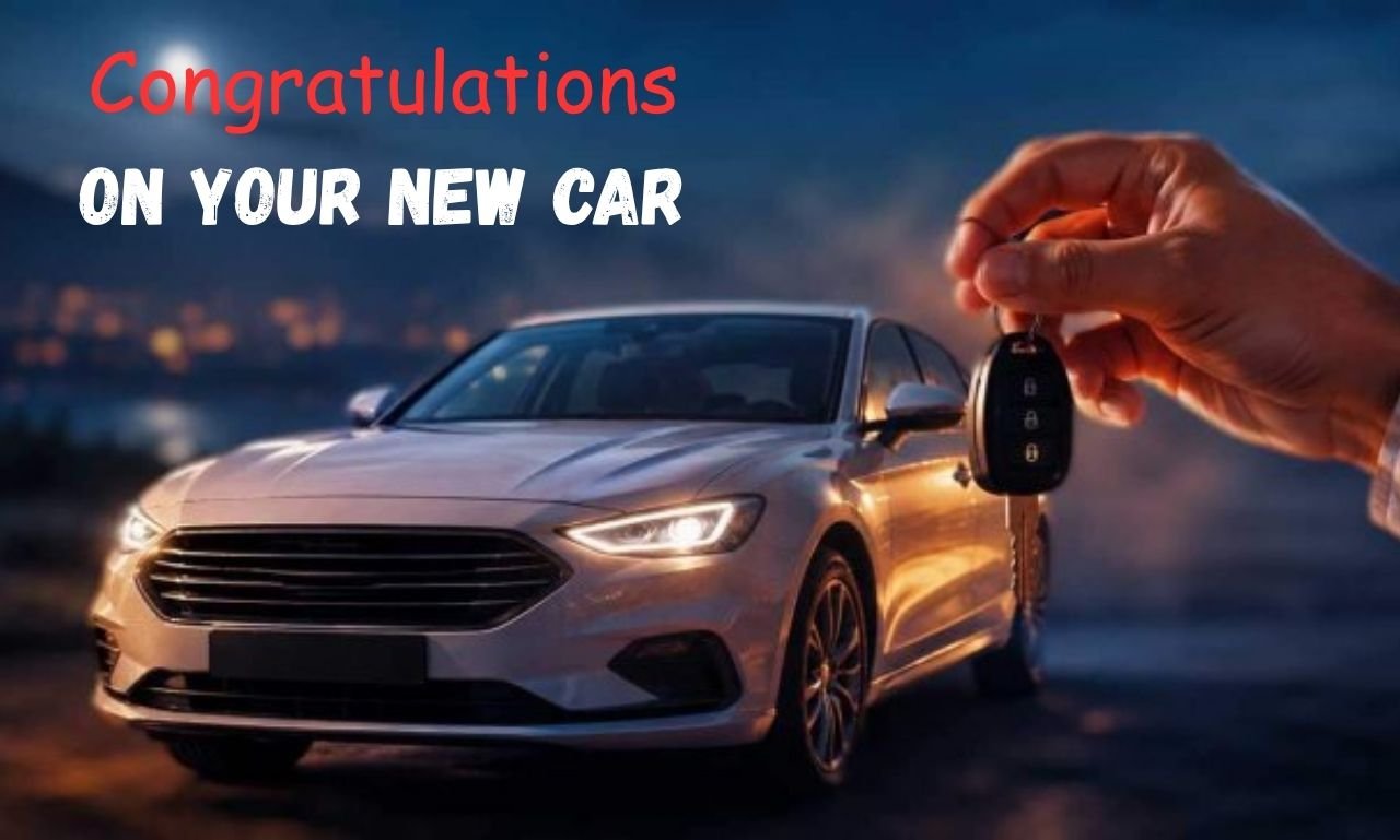 Congratulations on Your New Car Wishes & Messages with a smiling driver standing beside a brand-new car, celebrating a special milestone with joy and success.