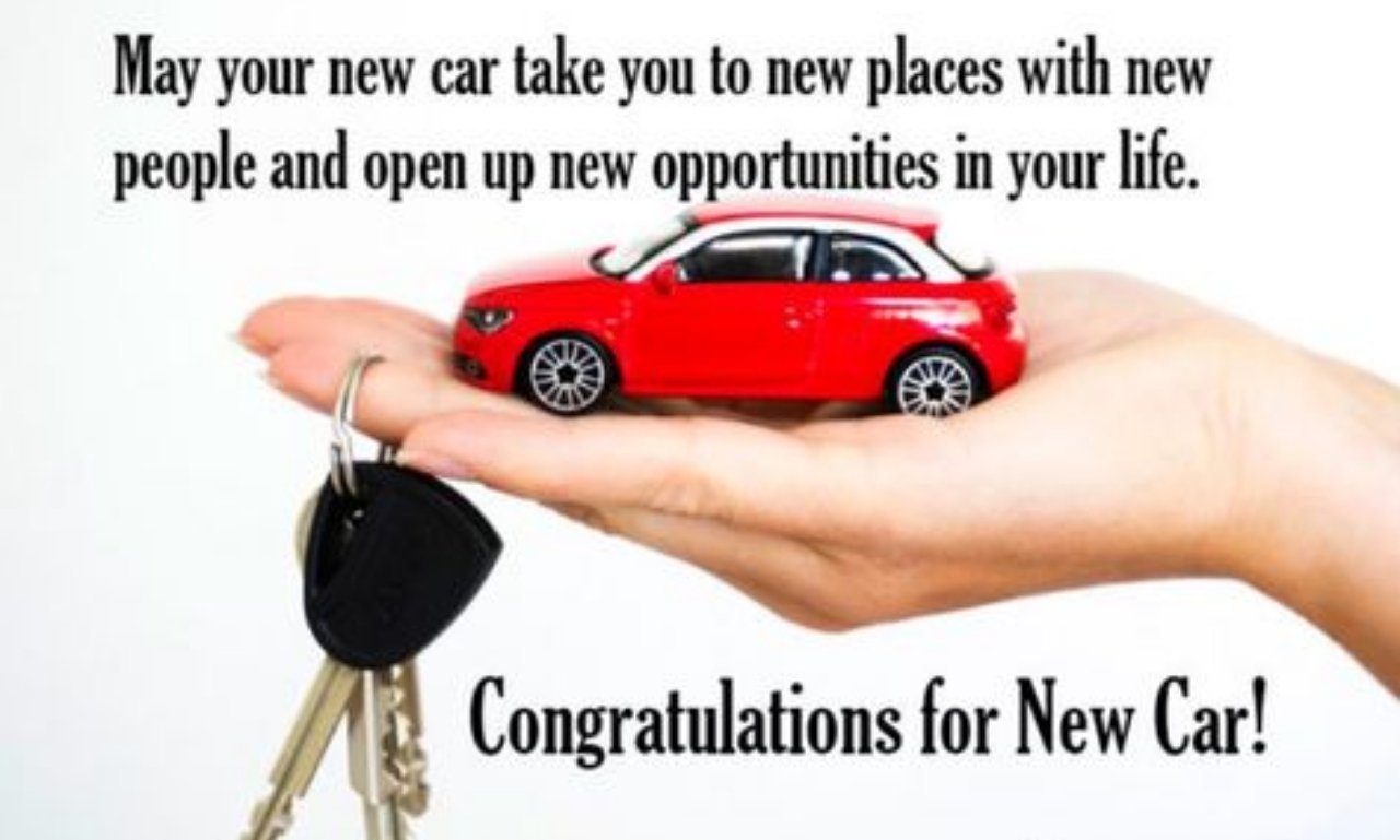 Congratulations on Your New Car Wishes & Messages with a smiling driver standing beside a brand-new car, celebrating a special milestone with joy and success.
