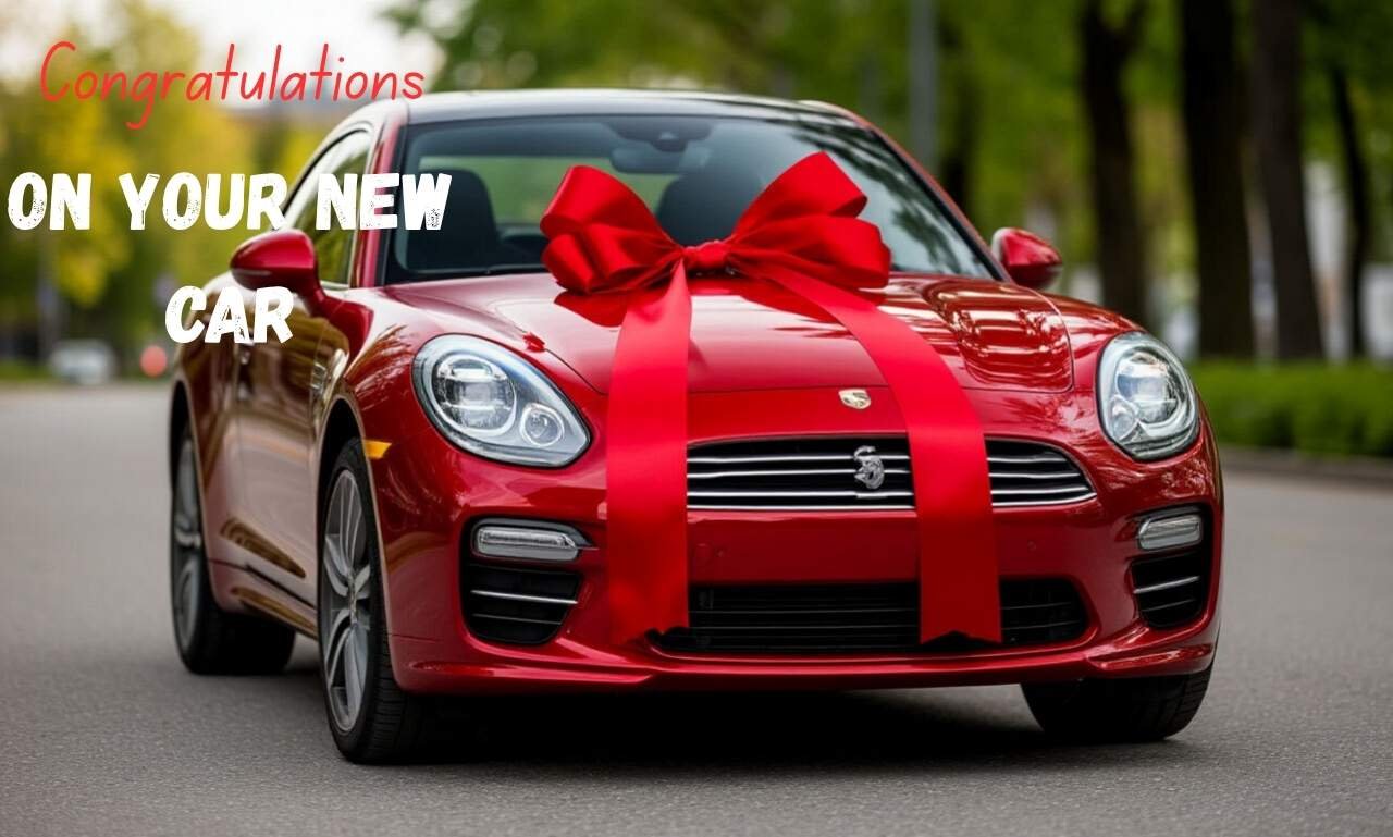 Congratulations on Your New Car Wishes & Messages with a smiling driver standing beside a brand-new car, celebrating a special milestone with joy and success.