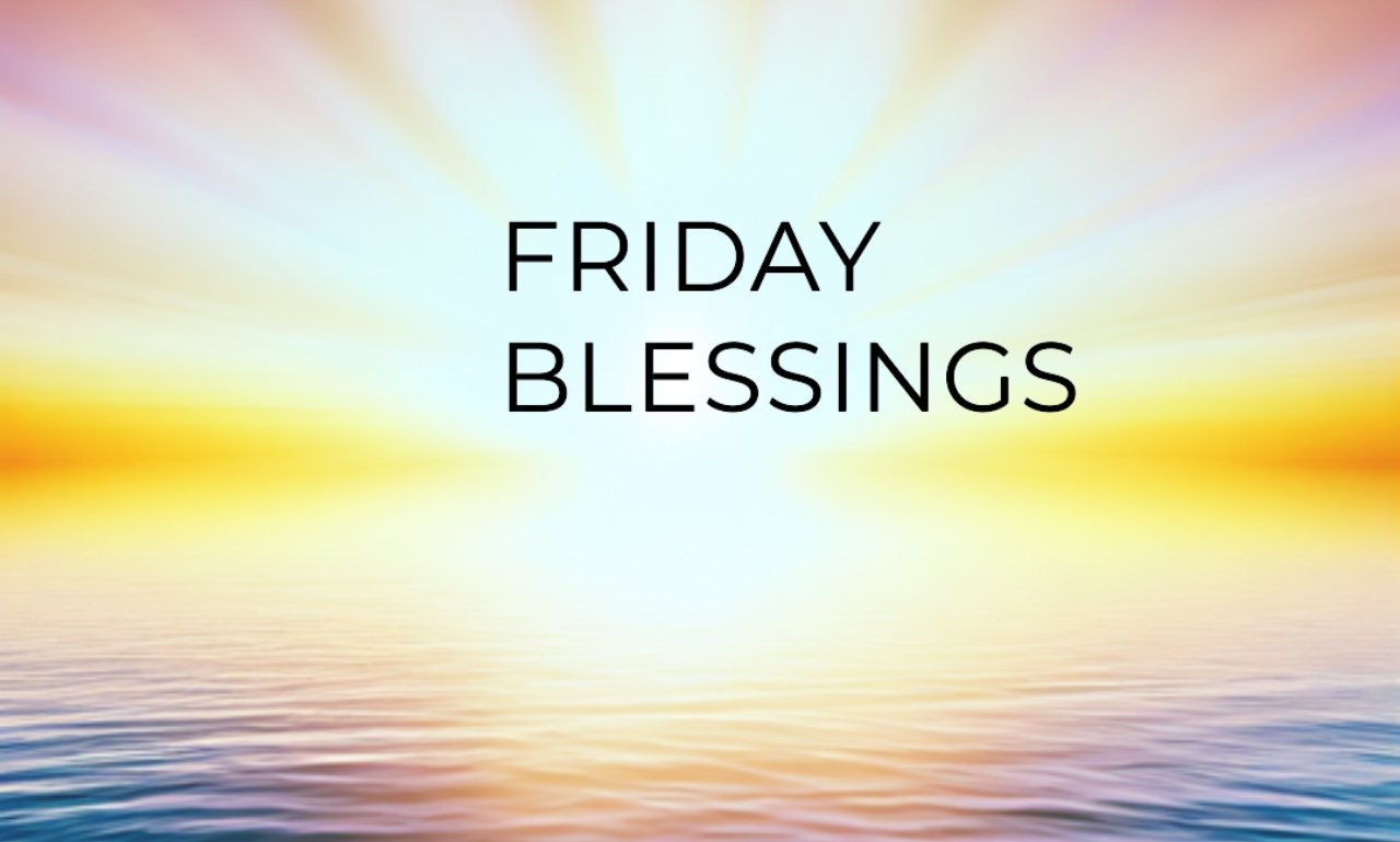 Friday Blessings for a Happy Weekend featuring a peaceful sunrise, an open Bible, blooming flowers, and a relaxing weekend nature scene symbolizing faith, hope, peace, and God's blessings.