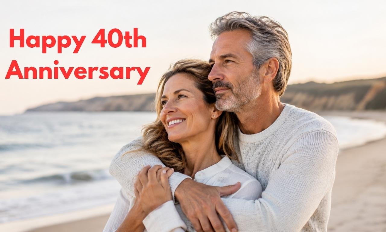 Loving and Heartfelt 40th Wedding Anniversary Wishes featured image with a happy couple celebrating their Ruby Anniversary surrounded by love, flowers, and joyful family moments.