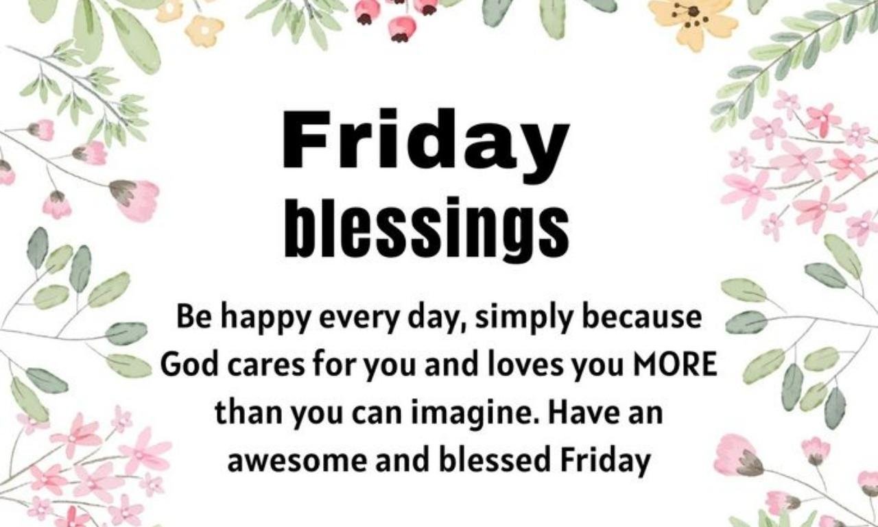 Friday Blessings for a Happy Weekend featuring a peaceful sunrise, an open Bible, blooming flowers, and a relaxing weekend nature scene symbolizing faith, hope, peace, and God's blessings.