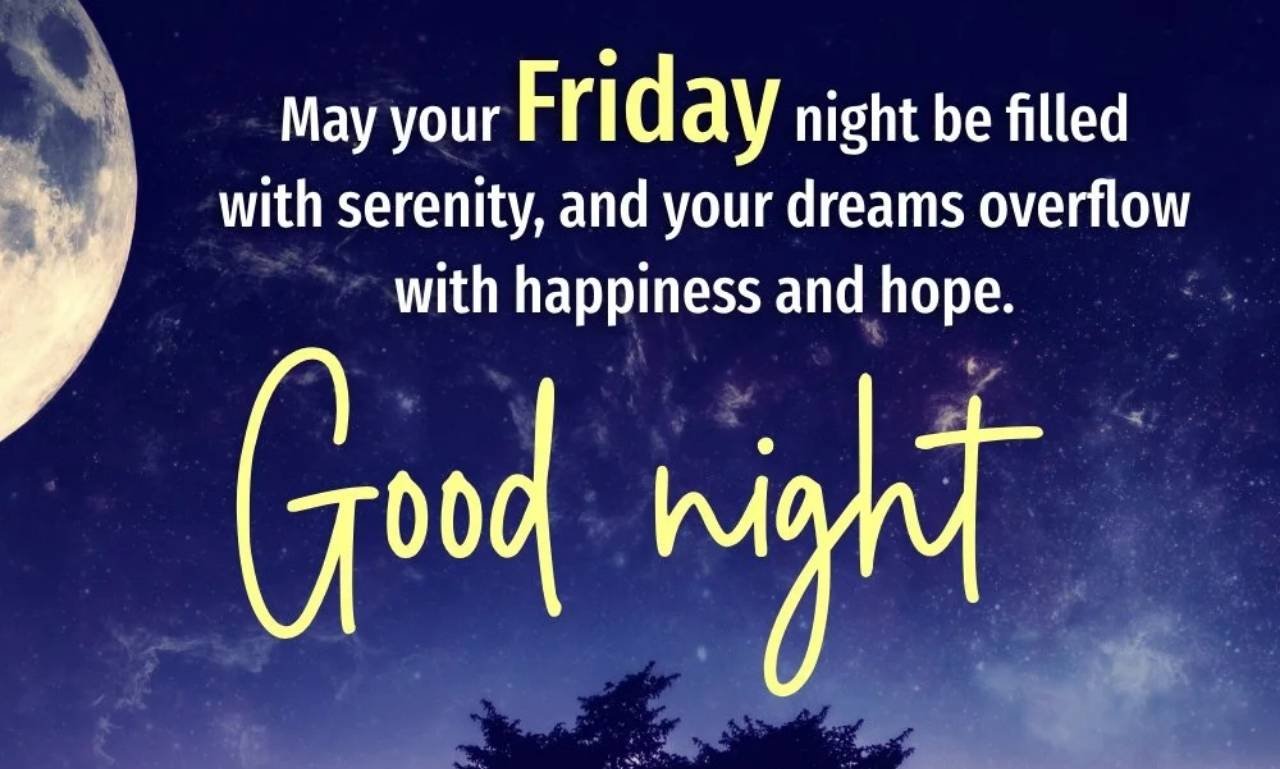 Beautiful Good Night Friday Blessings for All featuring a peaceful moonlit night, glowing stars, an open Bible, and inspirational Friday night blessings with faith-filled prayers and hope