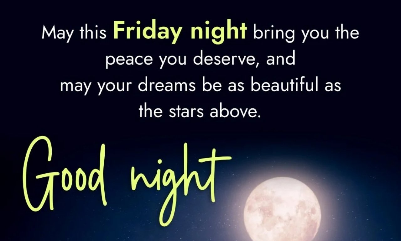 Beautiful Good Night Friday Blessings for All featuring a peaceful moonlit night, glowing stars, an open Bible, and inspirational Friday night blessings with faith-filled prayers and hope
