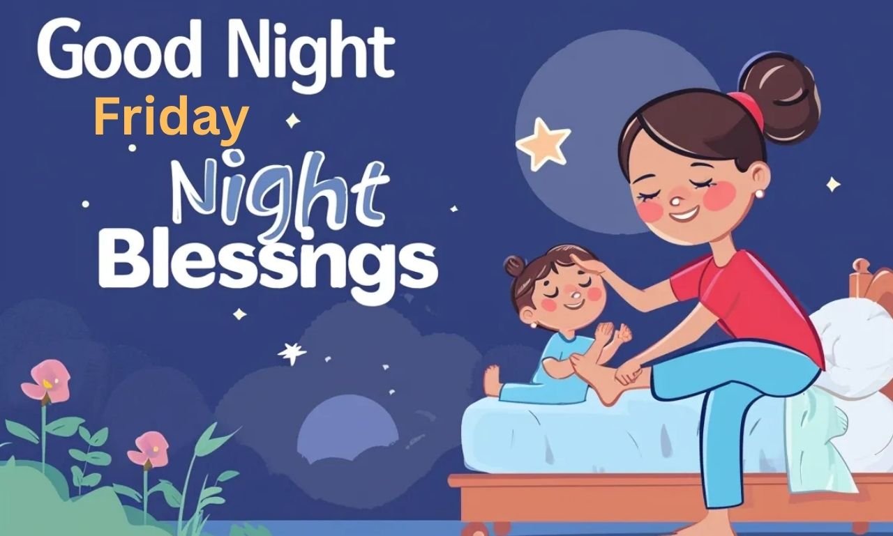 Beautiful Good Night Friday Blessings for All featuring a peaceful moonlit night, glowing stars, an open Bible, and inspirational Friday night blessings with faith-filled prayers and hope