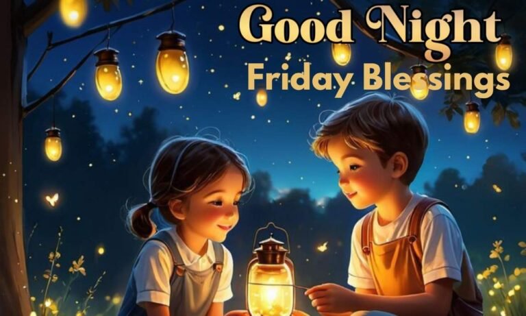 Beautiful Good Night Friday Blessings for All featuring a peaceful moonlit night, glowing stars, an open Bible, and inspirational Friday night blessings with faith-filled prayers and hope.