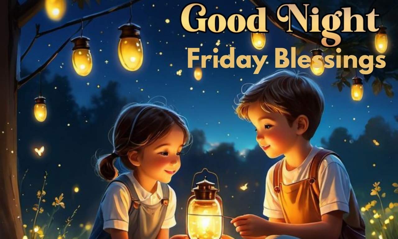 Beautiful Good Night Friday Blessings for All featuring a peaceful moonlit night, glowing stars, an open Bible, and inspirational Friday night blessings with faith-filled prayers and hope.
