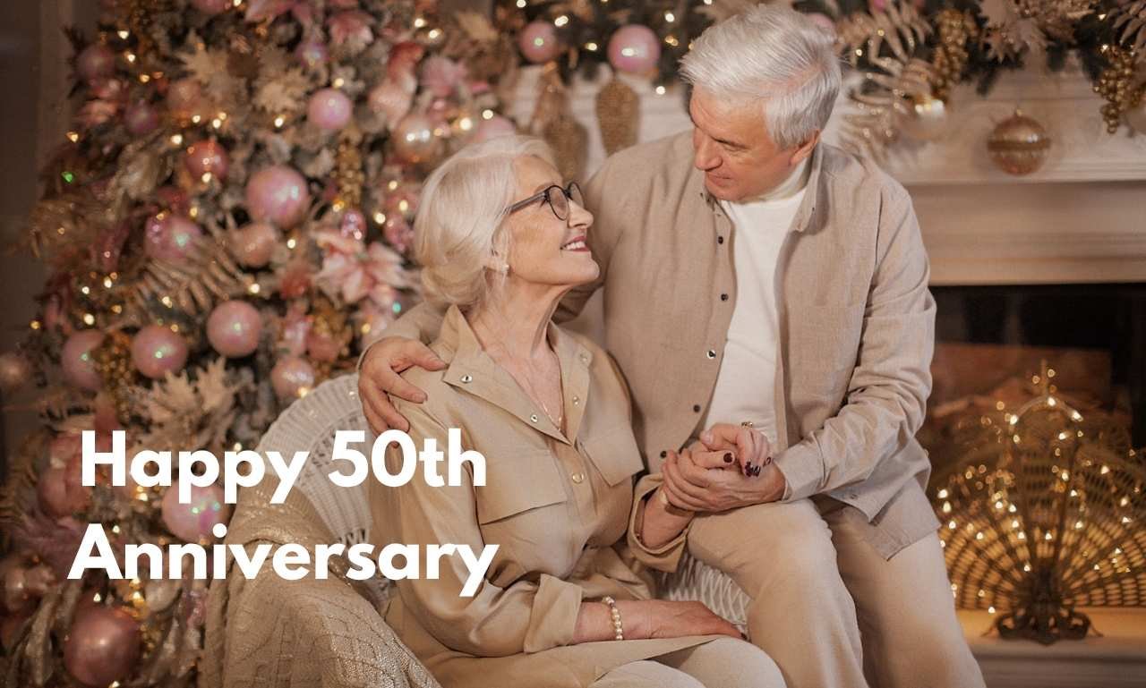 Loving 50th Anniversary Wishes for Joy and Togetherness with a golden wedding celebration, happy couple, flowers, and anniversary blessings.