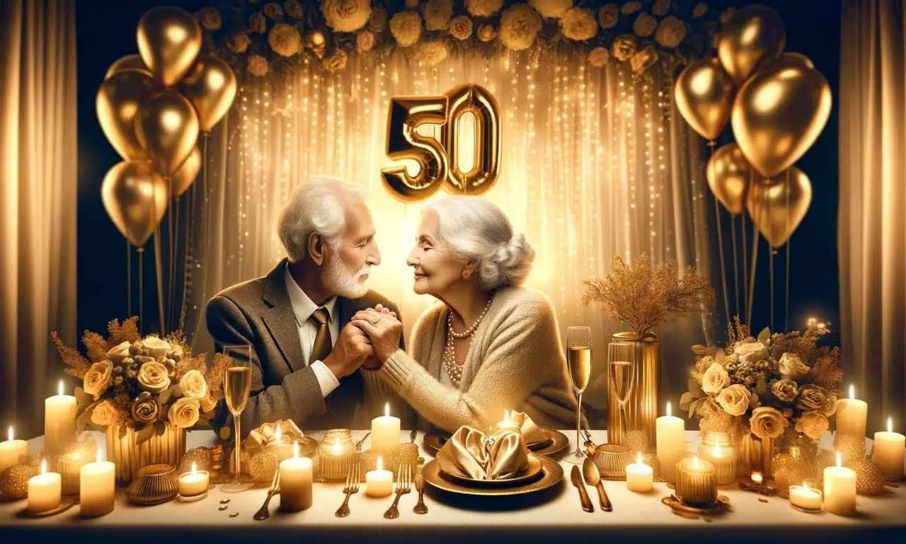 Loving 50th Anniversary Wishes for Joy and Togetherness with a golden wedding celebration, happy couple, flowers, and anniversary blessings.