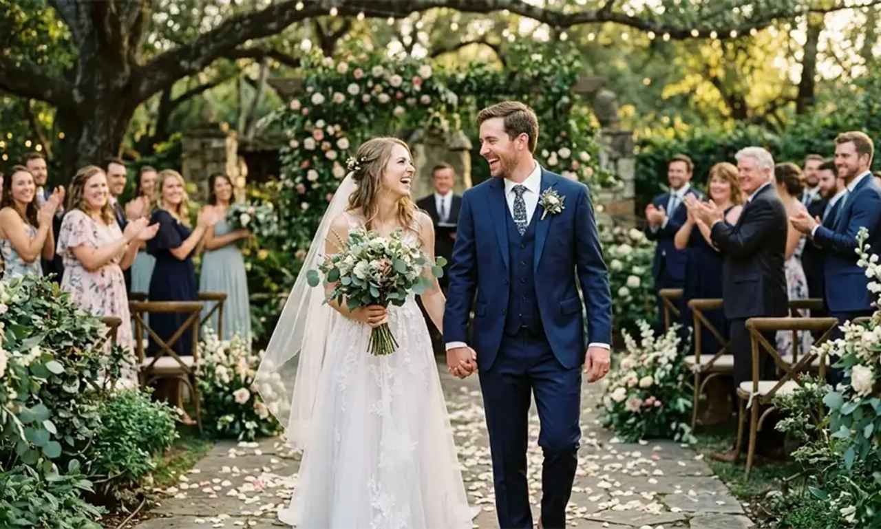 Bride and groom holding hands during a wedding ceremony with wedding prayers and blessings celebrating love, faith, and marriage.