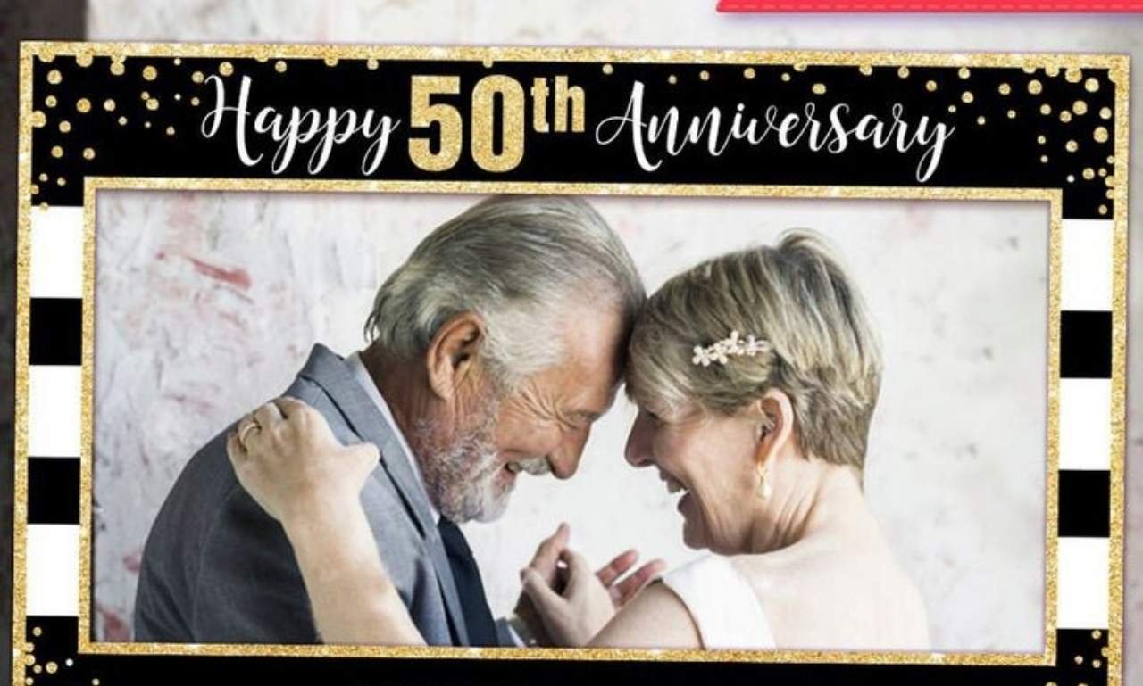 Loving 50th Anniversary Wishes for Joy and Togetherness with a golden wedding celebration, happy couple, flowers, and anniversary blessings.