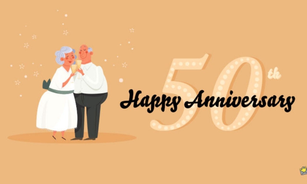 Loving 50th Anniversary Wishes for Joy and Togetherness with a golden wedding celebration, happy couple, flowers, and anniversary blessings.