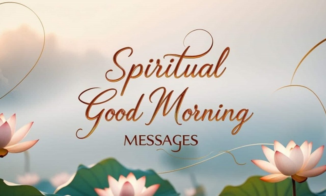 Sunrise over peaceful mountains with Best Spiritual Good Morning Messages to Start Your Day text representing faith, hope, and prayer.
