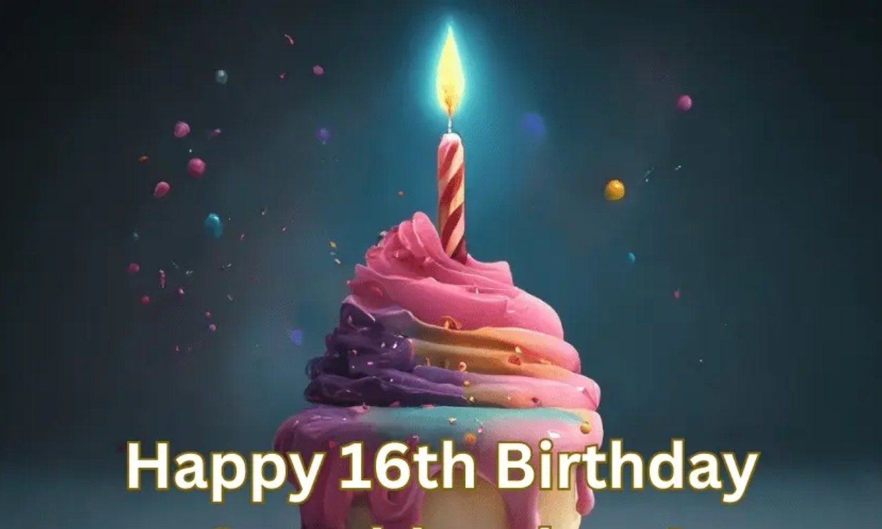 Happy Sweet 16 Birthday Wishes for an Unforgettable Day featuring a beautiful birthday cake, balloons, candles, flowers, and a joyful Sweet 16 celebration.