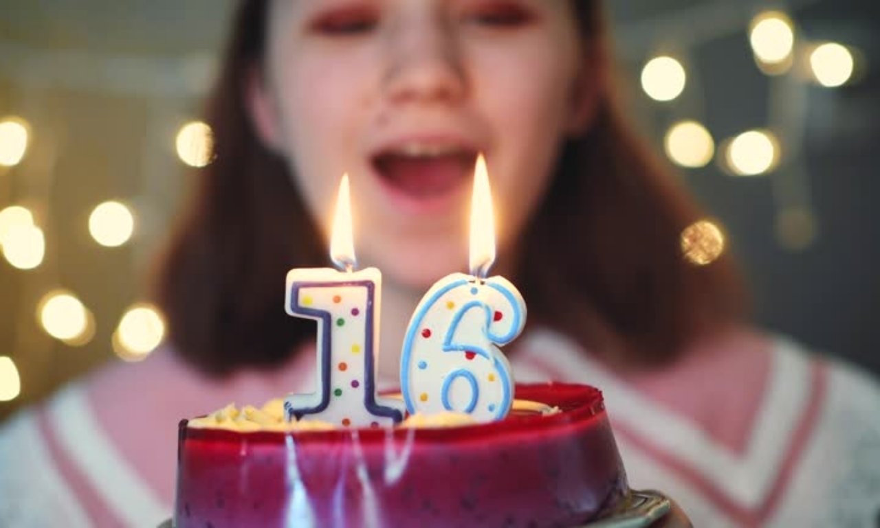 Happy Sweet 16 Birthday Wishes for an Unforgettable Day featuring a beautiful birthday cake, balloons, candles, flowers, and a joyful Sweet 16 celebration.