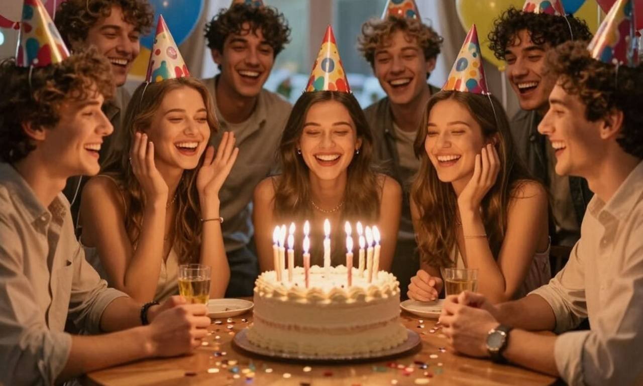 Happy Sweet 16 Birthday Wishes for an Unforgettable Day featuring a beautiful birthday cake, balloons, candles, flowers, and a joyful Sweet 16 celebration.