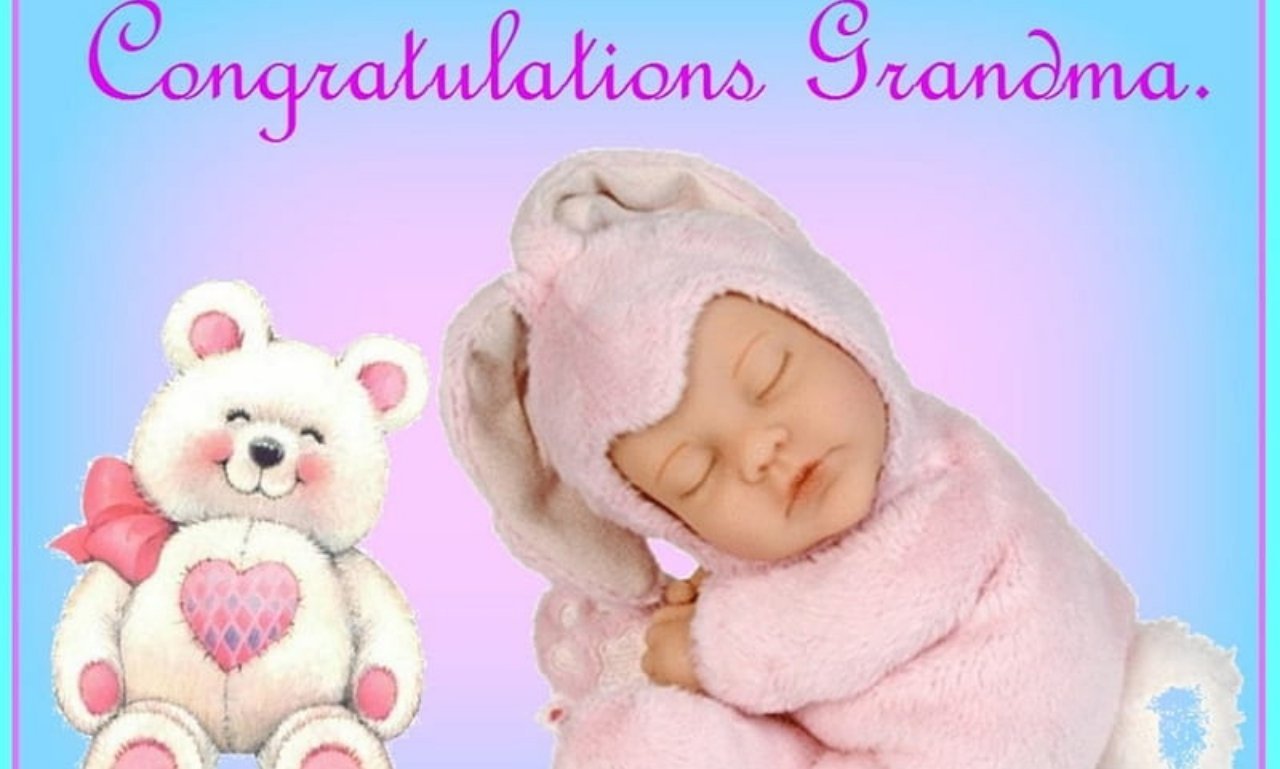 Smiling new grandmother holding her newborn grandchild with a joyful family celebrating, representing congratulations on becoming a grandma to share joy.