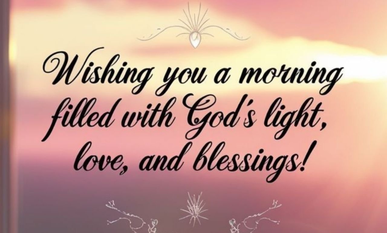 Sunrise over peaceful mountains with Best Spiritual Good Morning Messages to Start Your Day text representing faith, hope, and prayer.