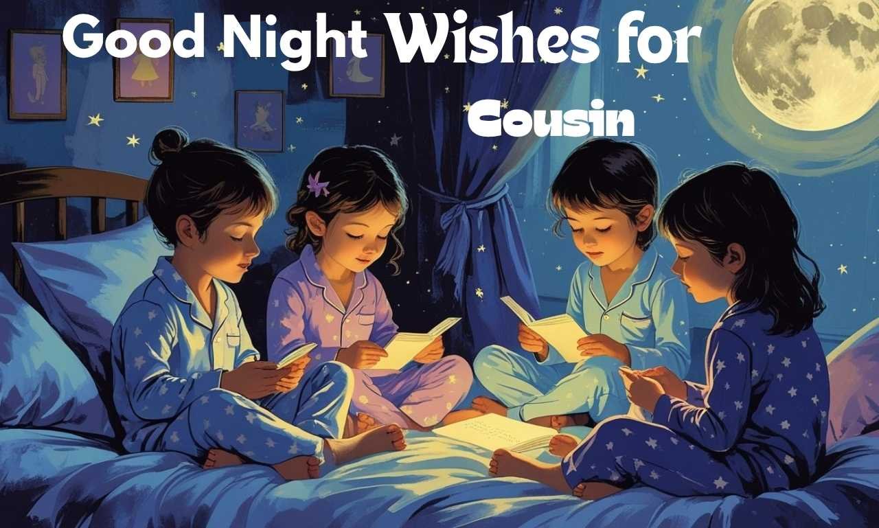 Sweet Good Night Wishes for Cousin to Feel Special featuring a peaceful moonlit night with glowing stars, cozy bedtime scenery, and heartfelt messages, blessings, and prayers to make your cousin feel loved, appreciated, and cherished.