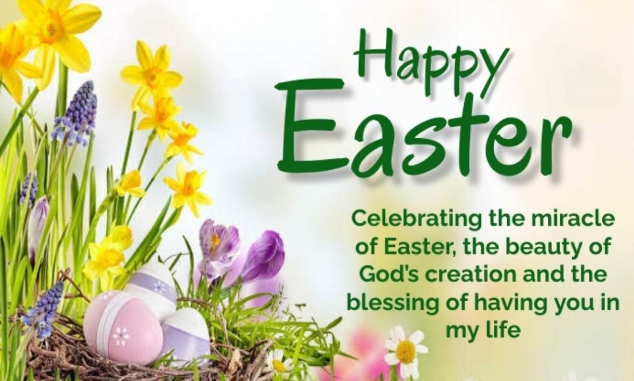 Happy Easter Quotes and Greetings featuring beautiful Easter eggs, spring flowers, a wooden cross, and heartfelt wishes, messages, and blessings to share