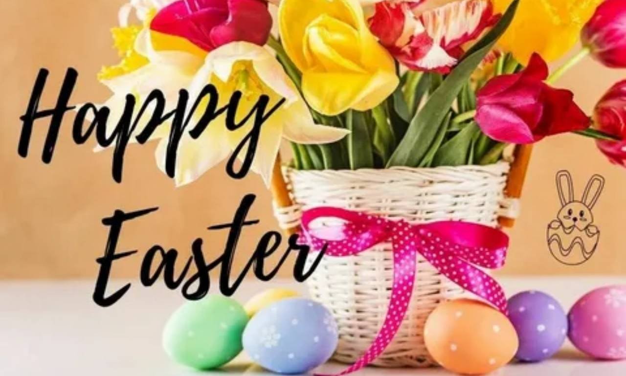 Happy Easter Quotes and Greetings featuring beautiful Easter eggs, spring flowers, a wooden cross, and heartfelt wishes, messages, and blessings to share