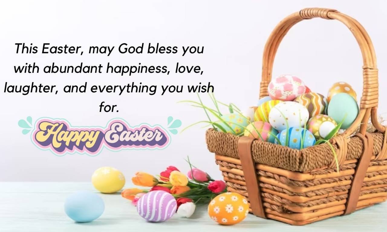 Happy Easter Quotes and Greetings featuring beautiful Easter eggs, spring flowers, a wooden cross, and heartfelt wishes, messages, and blessings to share