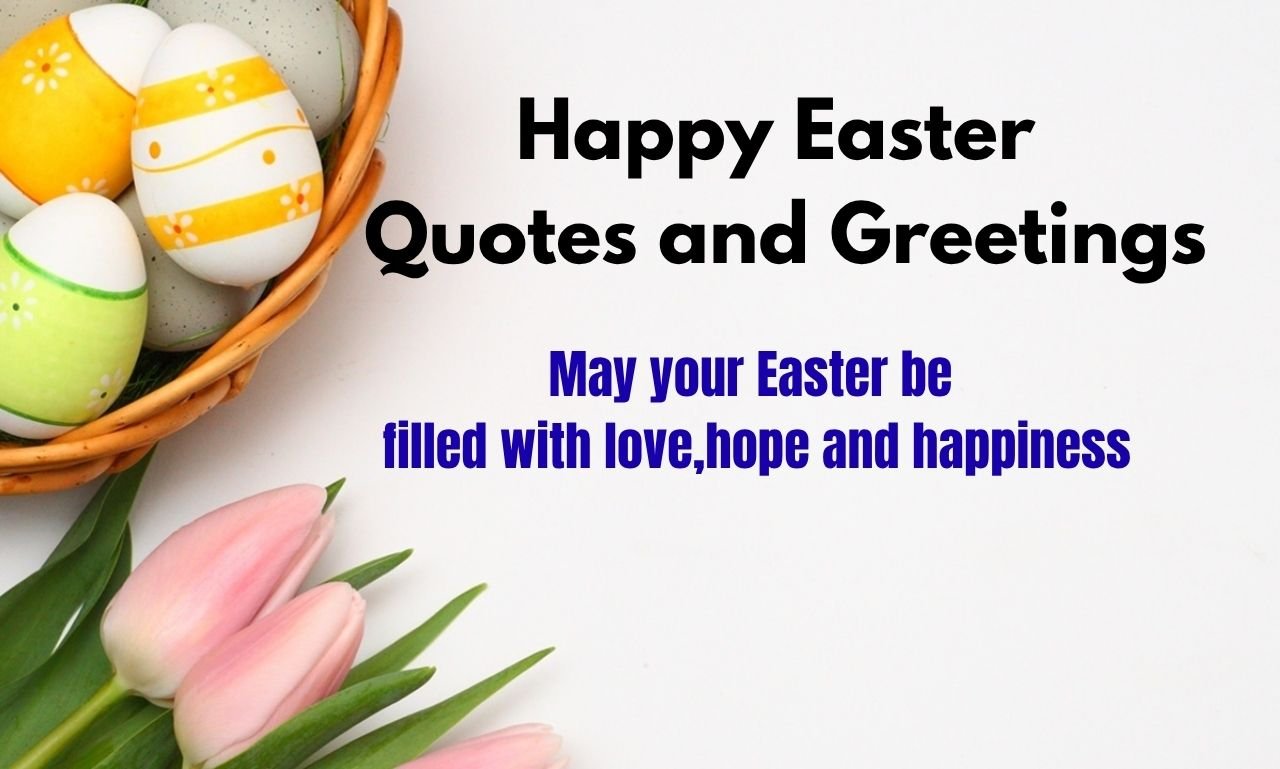 Happy Easter Quotes and Greetings featuring beautiful Easter eggs, spring flowers, a wooden cross, and heartfelt wishes, messages, and blessings to share